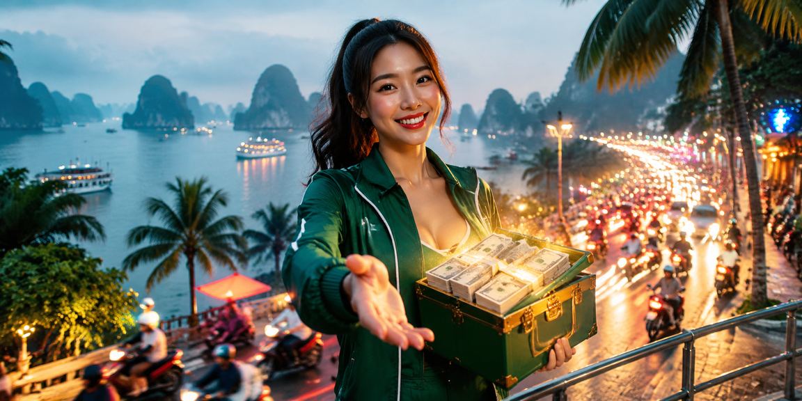 Khung cảnh Vịnh Hạ Long về đêm với ánh đèn neon rực rỡ, người dùng trải nghiệm casino trực tuyến